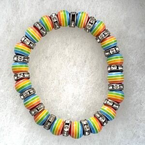 Rainbow Striped Beaded Stretch Bracelet with Rhinestone Spacers Multicolor Pride